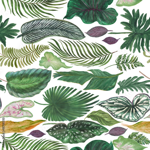 watercolor painting seamless pattern with tropical leaves. Vintage illustration
