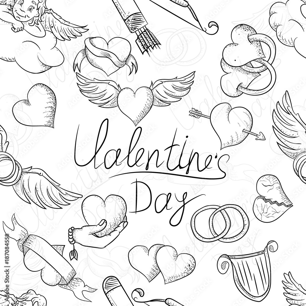 black and white pattern sketch illustration of the symbols of the holiday Valentines day