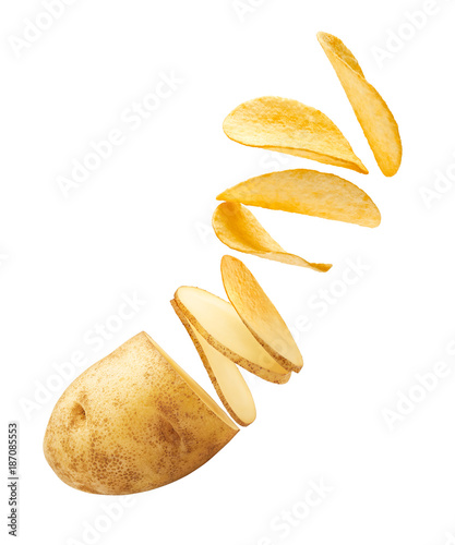 Flying potato slices turning into chips
