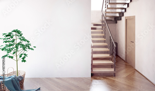 Fotografie Modern interior with stairs. 3d illustration. Mock up wall