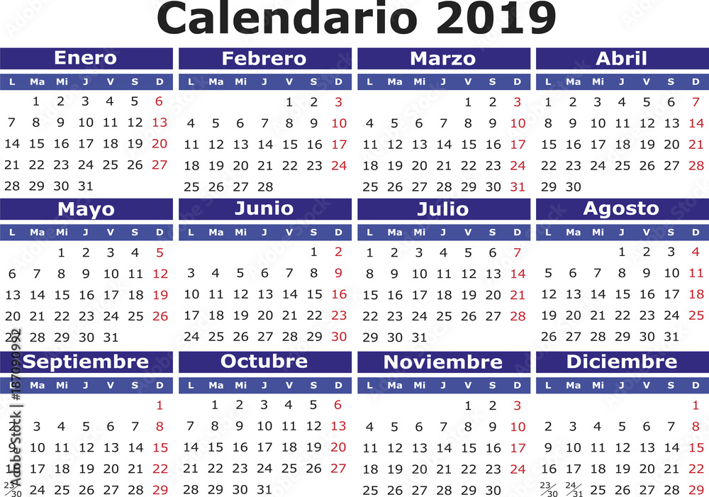 Spanish Calendar 2019 horizontal