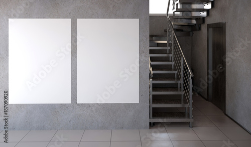 Modern interior with stairs. 3d illustration. Mock up poster