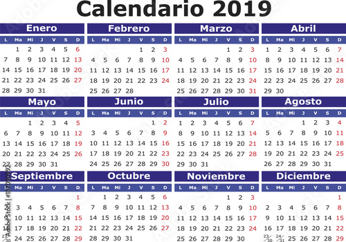 Spanish Calendar 2019 horizontal