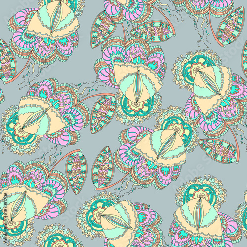 Floral and butterfly abstract seamless pattern. Vector background