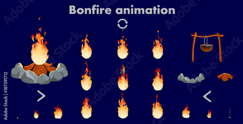Vector bonfire animation sprites, vector flame video frames for game design