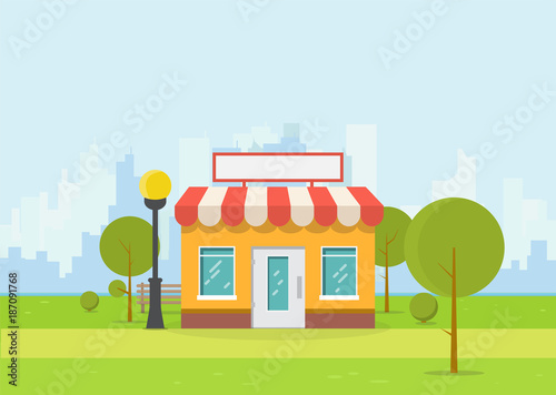 Online store building. Store building near park with trees and big city skyscrapers on background. Flat vector illustration. Tree and bushes with street lamp. Trendy retro color style.