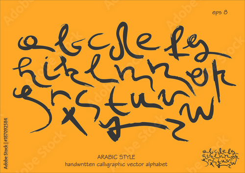 The font alphabet vector set. Handwritten  lowercase black letters in Arabic style on orange background.