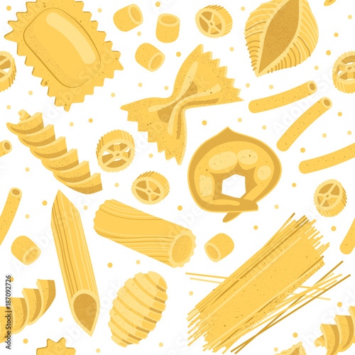 Vector seamless pattern of realistic kinds of pasta on a white background.
