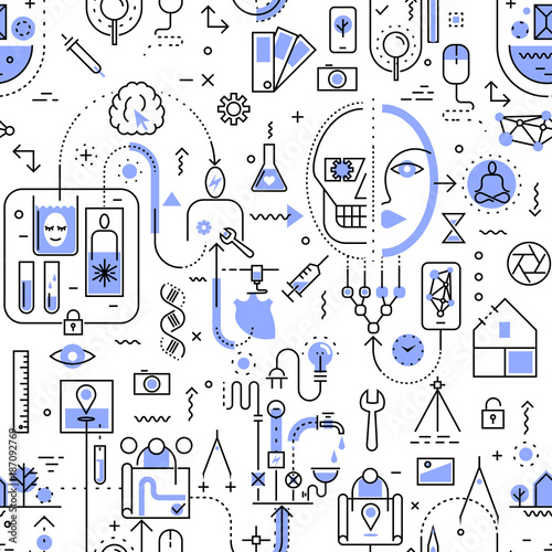 Seamless line art pattern on the theme of technology, industry, science. Black and blue on white background.