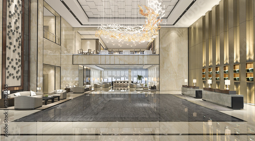 3d rendering luxury hotel reception hall and lounge restaurant photo