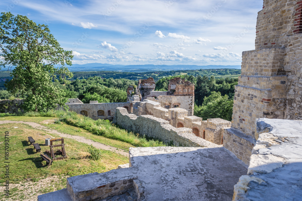 Courtyard of ruined Tenczyn Castle in Rudno village in Poland