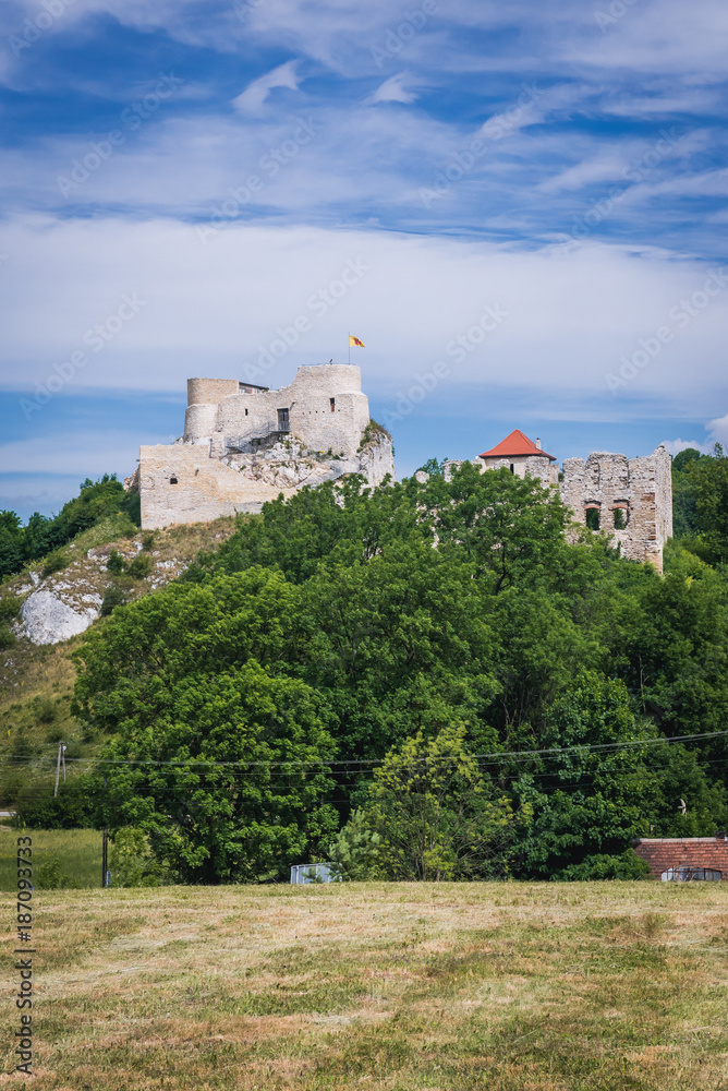 Distance view of castle ruins in Rabsztyn village, Poland