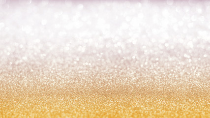 Gold silver blur glitter bokeh background with blurry white sparkling light of metallic texture shimmering backdrop for holiday decoration