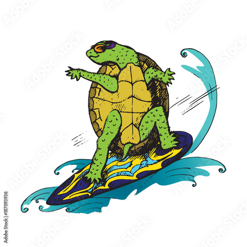 Cartoon character of turtle in glasses on colorful surfboard on wave, hand drawn doodle sketch, isolated vector color illustration