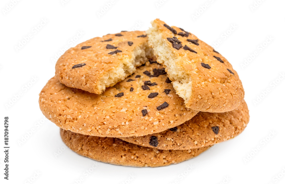 Broken and whole chocolate chip cookies on white. Broken and whole chocolate chip cookies on white.