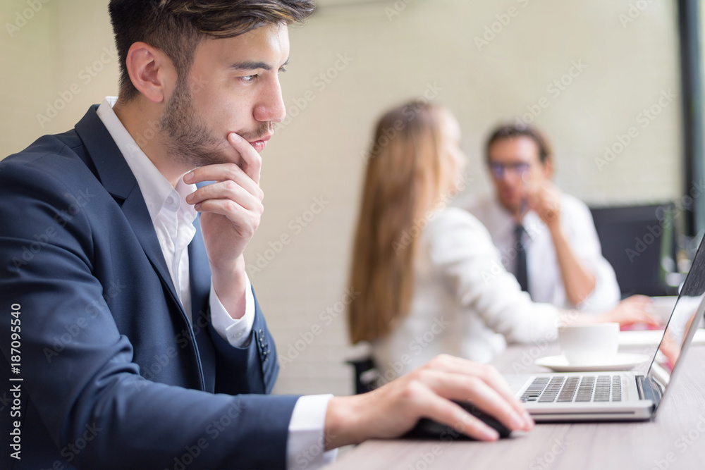 Confident Business People using tablet in Coffee Shop. Confident Business People using tablet in Coffee Shop.