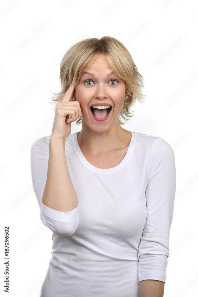 Hübsche blonde Frau begeistert hat eine Idee Hübsche blonde Frau begeistert hat eine Idee