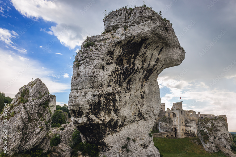 Limestone rocks and Ogrodzieniec Castle in Polish Jurassic Highland, Silesia region in Poland