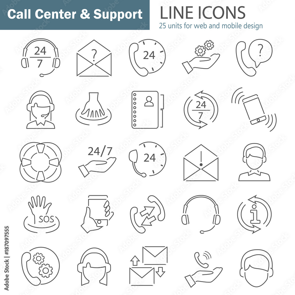 Support and call center line thin icons set for web and mobile design Support and call center line thin icons set for web and mobile design