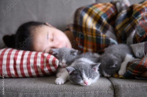 Women and kittens are sleeping photo