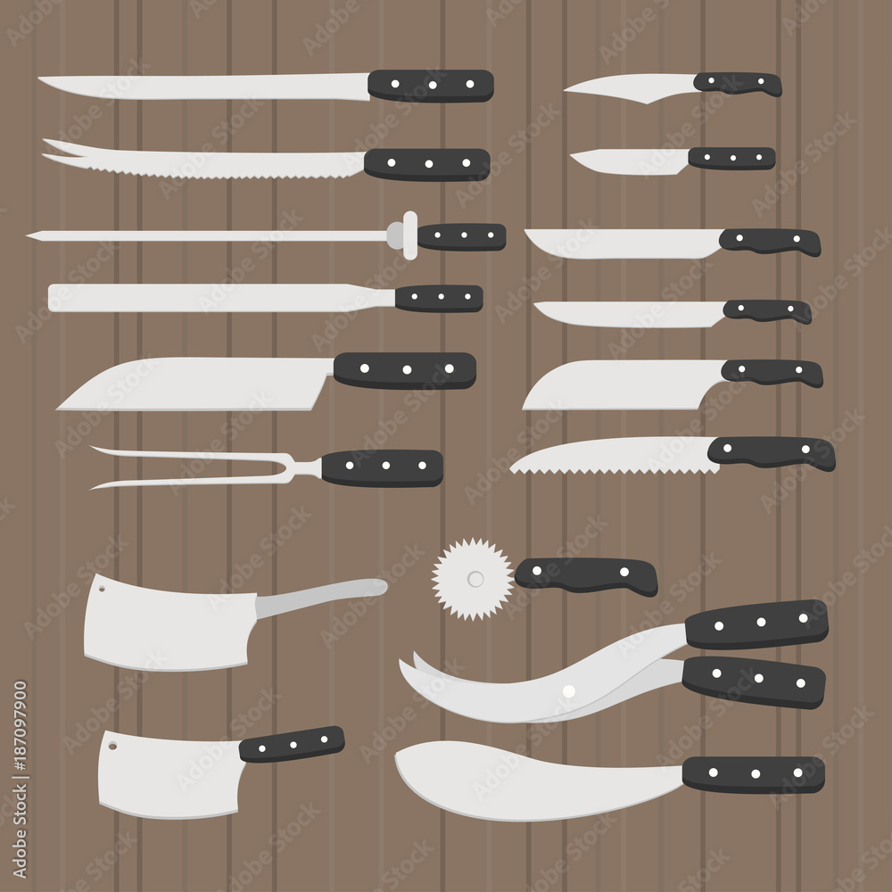 Butchery equipment big set. Flat butcher shop design elements and tools icons. Meat cutting items. Butchery equipment big set. Flat butcher shop design elements and tools icons. Meat cutting items.