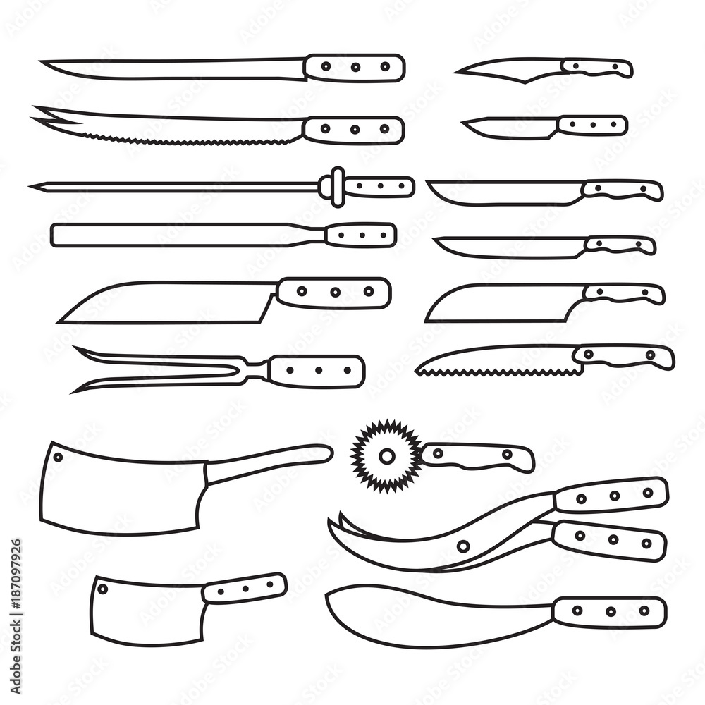 Butchery equipment big set. Outline butcher shop design elements and tools icons. Meat cutting items.