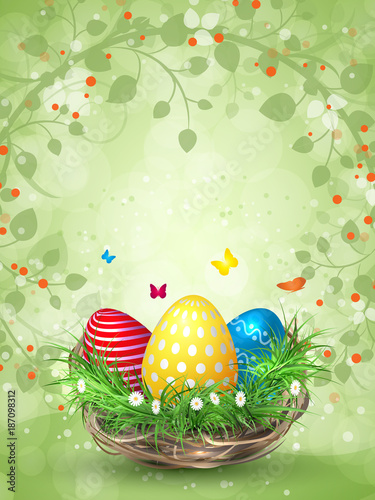 Happy Easter. Congratulatory easter background with multi-colored eggs in a basket.
