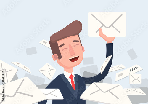 Businessman found right letter in a pile of emails. A lot of emails, spam, direct mail.