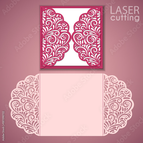 Laser cut wedding invitation card template vector. Die cut paper card with lace pattern. Cutout paper gate fold card for laser cutting or die cutting.