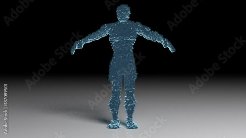 Holographic futuristic human figure dissolving himself