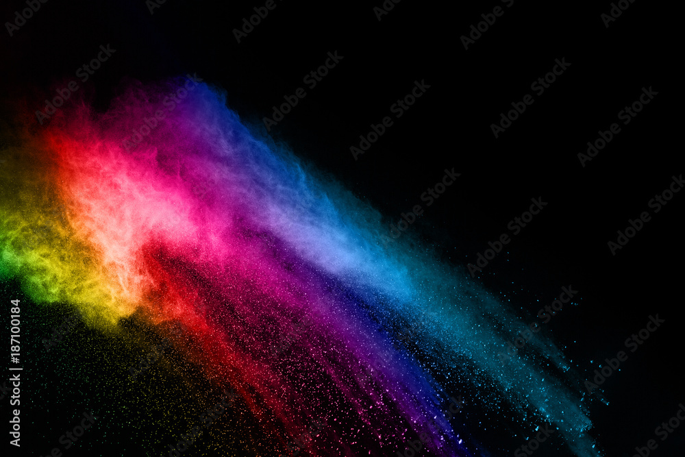 Fototapeta premium abstract colored dust explosion on a black background.abstract powder splatted background,Freeze motion of color powder exploding/throwing color powder, multicolored glitter texture.