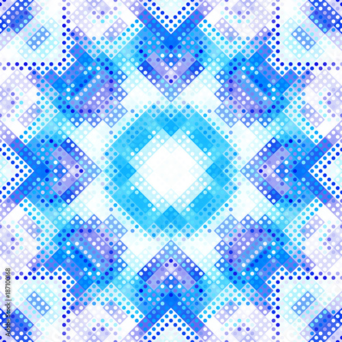 Seamless background. Geometric abstract symmetric pattern in low poly pixel art style. Stylish image of a snowflake on white background.