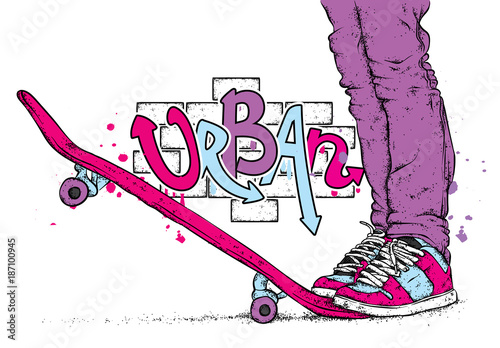 Stylish skater in jeans and sneakers. Skateboard. Vector illustration for a postcard or a poster, print for clothes. Street cultures.