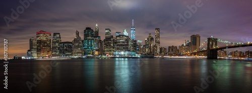NEW YORK, UNITED STATES OF AMERICA - APRIL 30, 2017: New York City Manhattan skyline panorama with skyscrapers building at dusk illuminated with lights at sunset.