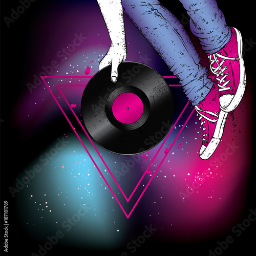 Legs in sneakers and a vinyl record. Hipster and music. Vector illustration for a postcard or a poster, print for clothes. Vintage, retro, fashion and style.
