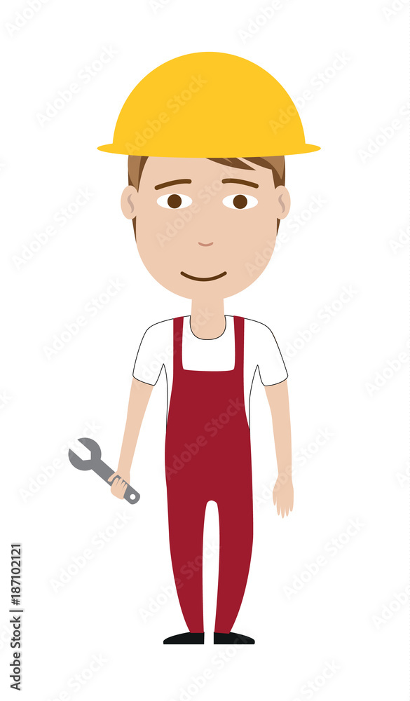 Worker man with helmet and tool