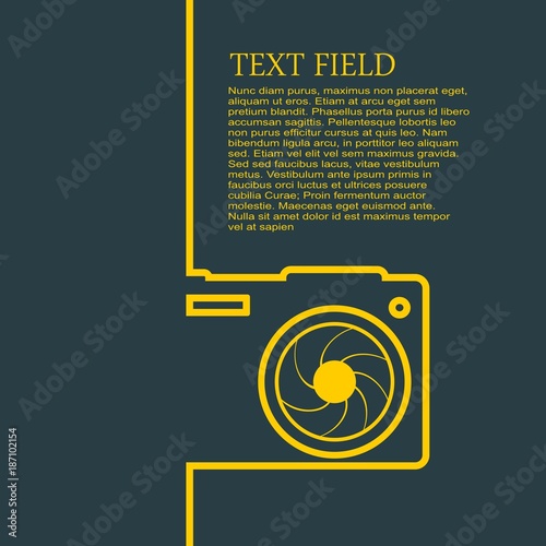 Photo camera icon. Outline silhouette with lens aperture. Field for text. Modern brochure, report or leaflet design template.