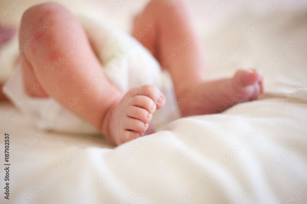 feet of a six months old baby wearing diapers lying in bed at home feet of a six months old baby wearing diapers lying in bed at home