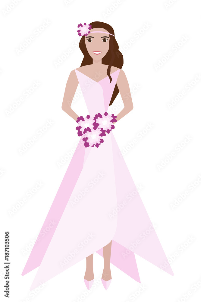 Fairy bride in a pink dress is holding a bouquet of flowers. Vector illustration. Fairy bride in a pink dress is holding a bouquet of flowers. Vector illustration.