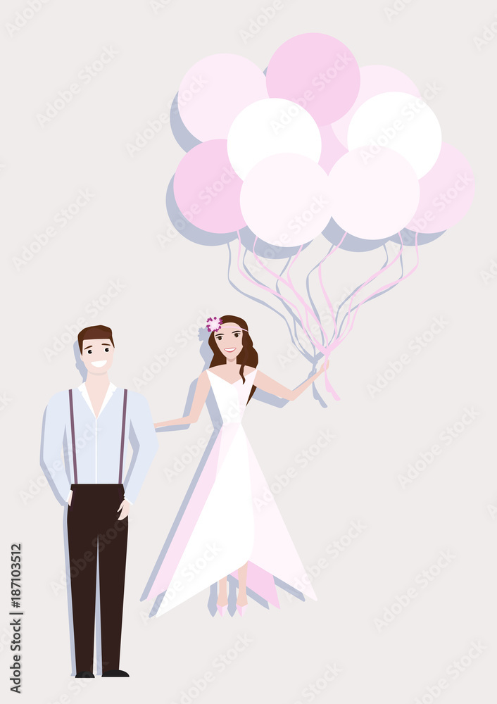Bride and groom on a white background. The magic bride takes off on balloons. Vector illustration. Bride and groom on a white background. The magic bride takes off on balloons. Vector illustration.