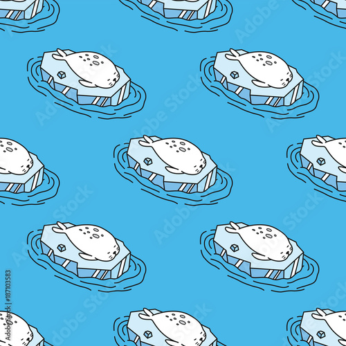 Seal Seamless Pattern vector walrus sea lion sleep on ice isolated wallpaper background blue