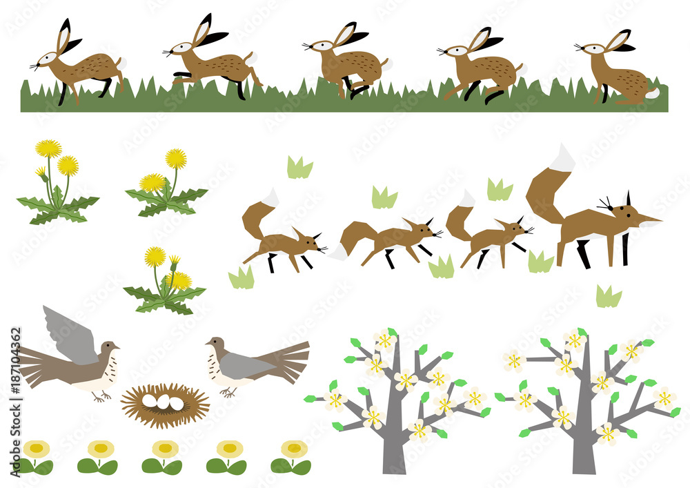 野兎と春の素材集。春の生物。春の植物。シーズンのイラスト。