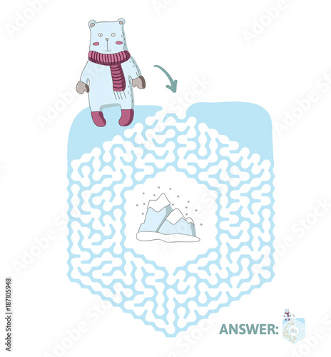 Children's maze with polar bear and the North pole. Cute puzzle game for kids, vector labyrinth illustration.