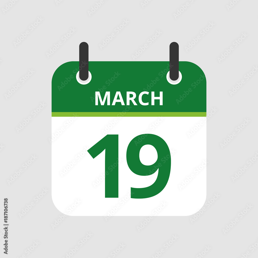 Flat icon calendar 19th of March isolated on gray background. Vector illustration. Flat icon calendar 19th of March isolated on gray background. Vector illustration.