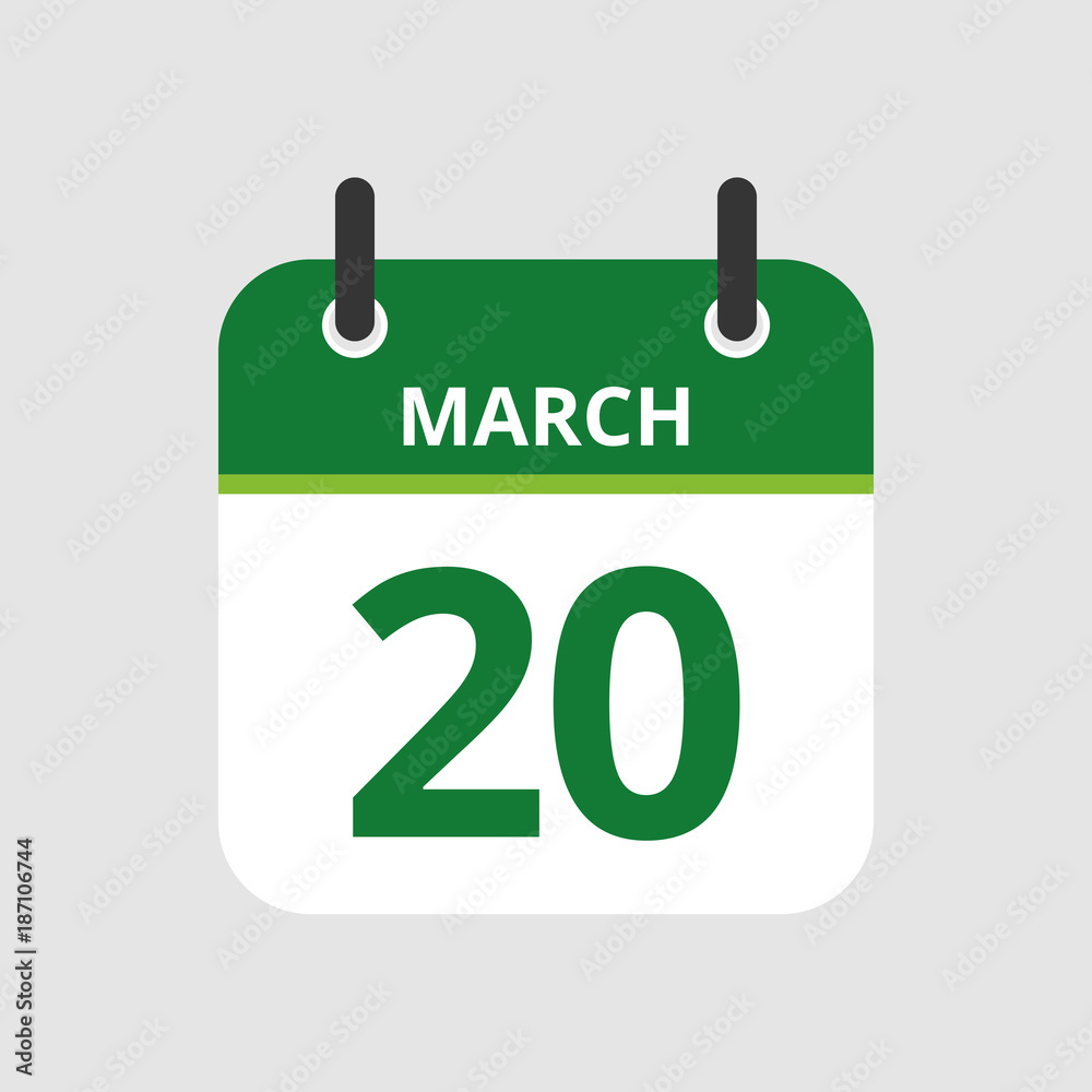 Flat icon calendar 20th of March isolated on gray background. Vector illustration. Flat icon calendar 20th of March isolated on gray background. Vector illustration.