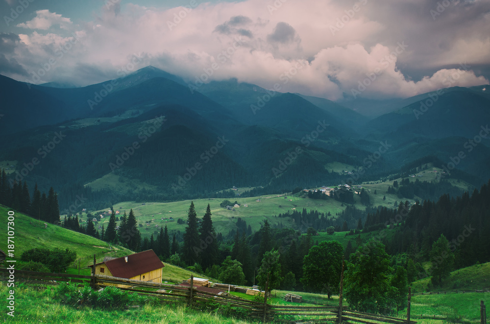 Fototapeta premium Carpathian mountains summer landscape with cloudy sky and village, natural summer travel background