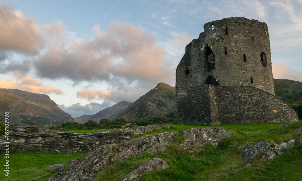 Dolbadarn ruins of castle on the foot of Snowdon mountain in Gwynedd county, Snowdonia national park, Wales UK