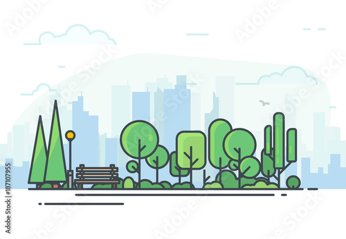 City park bench, lawn and trees. Flat style line vector illustration. On background business city center with skyscrapers. Green park in center of town. Clouds and sky. Parks and recreation concept.
