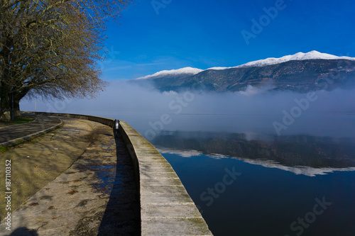 Misty lake of Ioannina  Pamvotis  in the morning in Greece