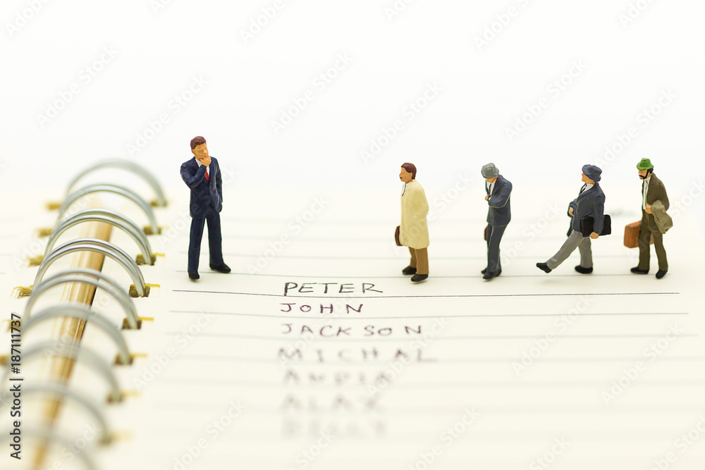 Miniature people, Group of businessmen work with team, using as background Choice of the best suited employee, HR, HRM, HRD, job recruiter concepts.